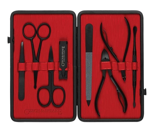 Leather-Bound Manicure Set - Black/Red