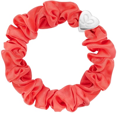 By Eloise Silver Heart Silk Scrunchie Neon Peach